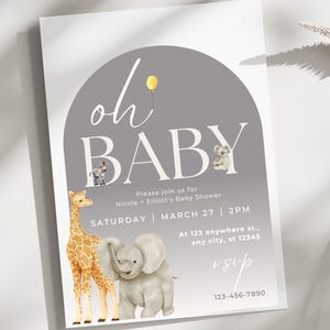Gender Neutral Baby Shower Invitation Editable Template, Oh Baby Safari Animals Shower Invite, Jungle Baby Shower, Instant Download, B1
