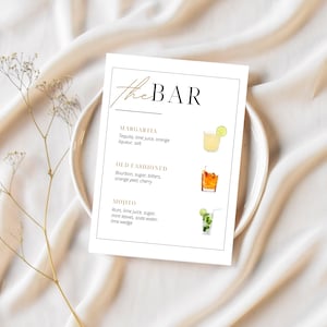 Szablon menu baru weselnego, znak na drinki weselne, minimalistyczny znak menu drinków, nowoczesny szablon menu baru, edytowalny szablon