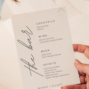 Placa de bebidas de assinatura de casamento minimalista, modelo de menu de bar de coquetéis para impressão, modelo de sinalização de download instantâneo, modelo editável A1