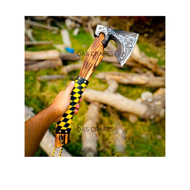 Custom Gift Hand Forged Carbon Steel VIKING AXE with Ash Wood Shaft, Wedding Gift, Axe, Axes Best Birthday&Anniversary Gift For Him,Larp axe Mustard Valknut Axe