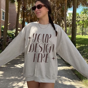 Gildan 18000 Mockup Sand Outdoors Oversized Model Mock Gildan 18000 Crewneck Trendy Lifestyle Mock Outdoors Aesthetic Sand Sweatshirt Mock
