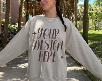 Gildan 18000 Mockup Sand Outdoors Oversized Model Mock Gildan 18000 Crewneck Trendy Lifestyle Mock Outdoors Aesthetic Sand Sweatshirt Mock