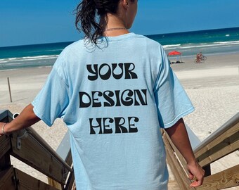 Gildan 5000 Back Mockup Light Blue Outdoors Oversized Model Mock Oversized Tshirt Mockup Light Blue Aesthetic Beach Mock Blue Back Mockup