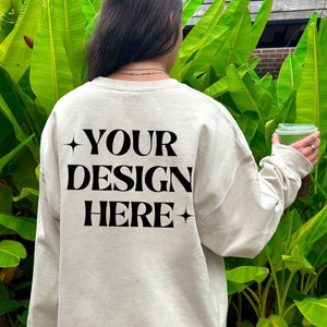 Gildan 18000 Back Mockup Sand Oversized Model Mock Gildan Sand Back Crewneck Trendy Lifestyle Mock Outdoors Aesthetic Sweatshirt Mockup
