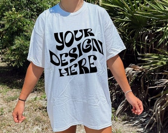 Gildan 5000 Mockup White Outdoors Oversized Model Mock Oversized White Tshirt Mockup Aesthetic Mock White Shirt Mock Outdoor Lifestyle Beach