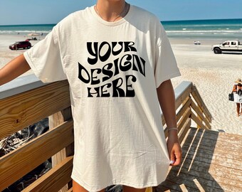 Gildan 5000 Mockup Natural Outdoors Oversized Model Mock Oversized Natural Tshirt Mockup Aesthetic Beach Mock Natural Mock Outdoor Lifestyle