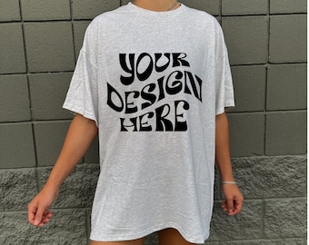 Gildan 5000 Mockup Ash Gray Oversized Model Mockup Ash Grey Tshirt Mockup Aesthetic Mockup Outdoor Lifestyle Mockup Colored Shirt Mock