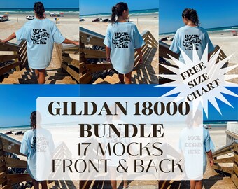 May include: A bundle of 17 Gildan 18000 t-shirt mockups featuring a light blue t-shirt with the text "YOUR DESIGN HERE" on the front and back. The model is wearing the t-shirt in various poses on a beach and near a building.