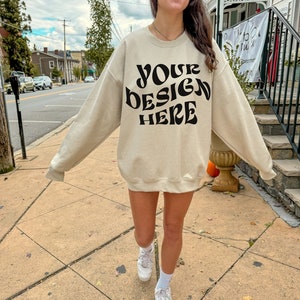 Gildan 18000 Mockup Sand Oversized Sweatshirt Mockup Trendy Model Mock Sand Gildan 18000 Lifestyle Mock Aesthetic Mock Up Outdoor Mockup