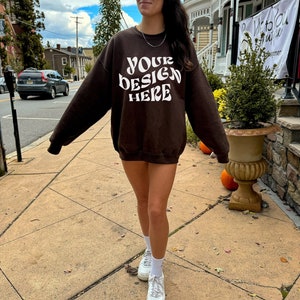 Gildan 18000 Dark Chocolate Mockup Model Mockup Oversized Sweatshirt Mockup Brown Trendy Mock Lifestyle Mock Aesthetic Mock Outdoor Mockup