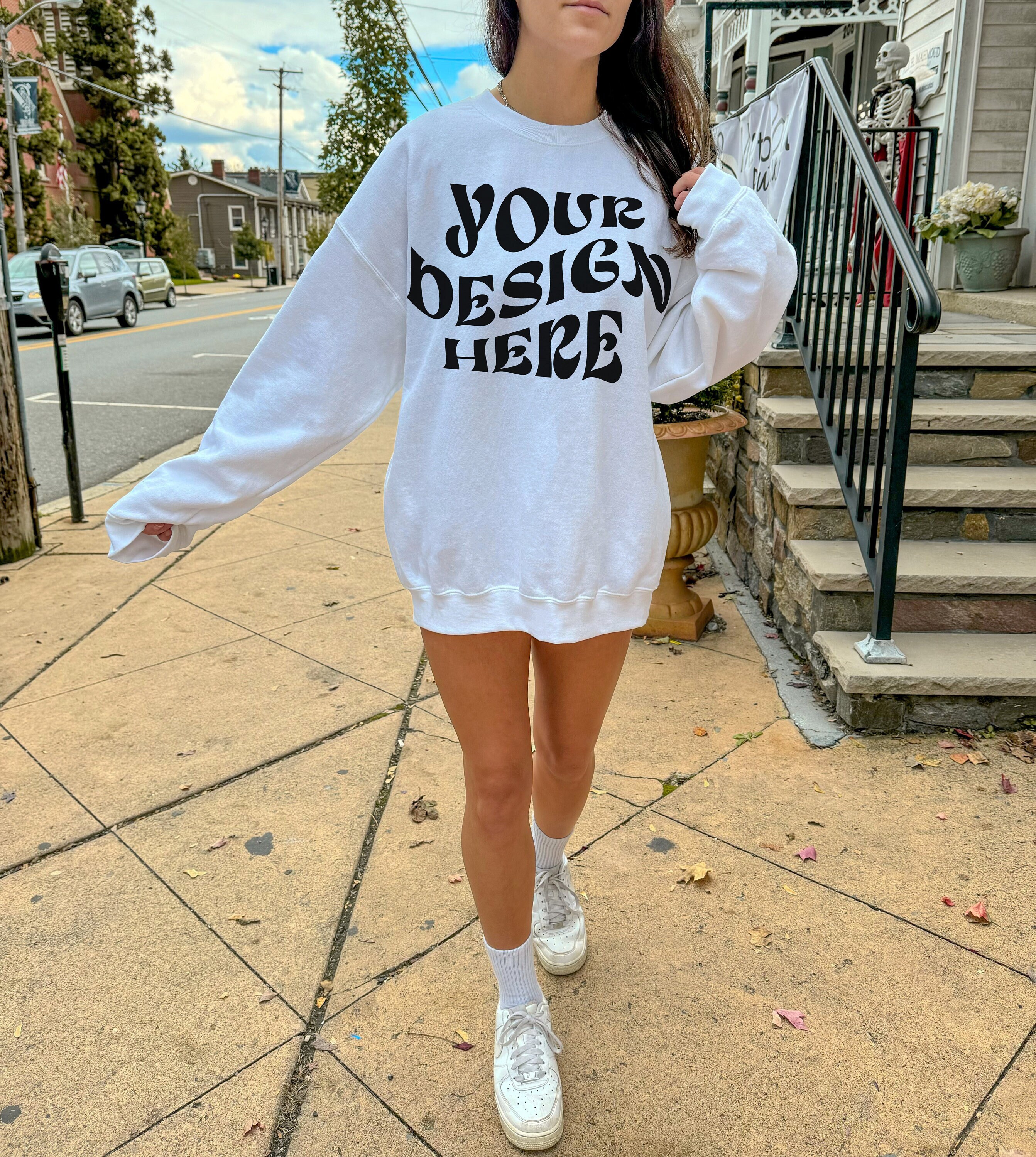 White Gildan 18000 Mockup Oversized White Sweatshirt Mockup Trendy Model Mock Gildan 18000 Lifestyle Mock Aesthetic Mock Up Outdoor Mockup