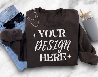 Flat Lay Gildan 18000 Mock Ups Dark Chocolate Sweatshirt Mockup Folded Flat Lay 18000 Gildan Mock Aesthetic Folded Mock Trendy Colored Shirt