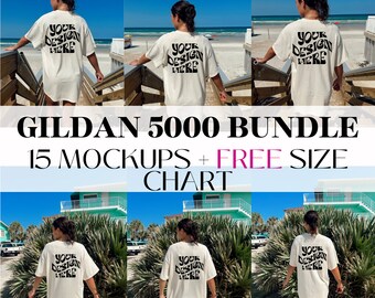 May include: A set of 15 mockups featuring a white Gildan 5000 t-shirt with the text "YOUR DESIGN HERE" printed on the back. The mockups show the t-shirt being worn by a person in various settings, including a beach and a park. The text "GILDAN 5000 BUNDLE 15 MOCKUPS + FREE SIZE CHART" is displayed at the bottom of the image.