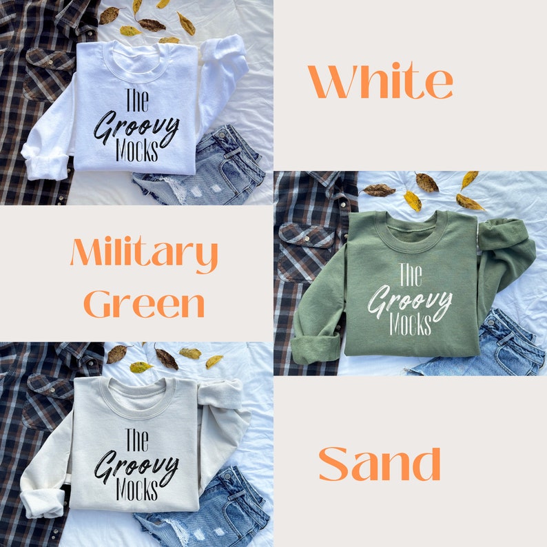 May include: Three sweatshirts in different colours: white, military green, and sand. Each sweatshirt has the text "The Groovy Mocks" printed on the front in black.