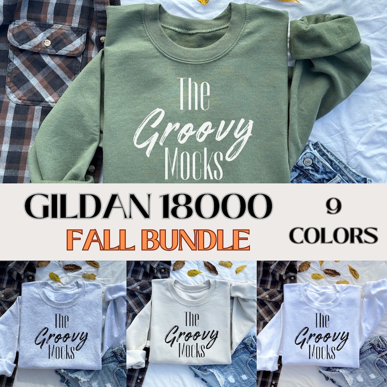 May include: A bundle of nine Gildan 18000 sweatshirts in various colours, including green, white, grey, and beige. Each sweatshirt features the text "The Groovy Mocks" printed in black.