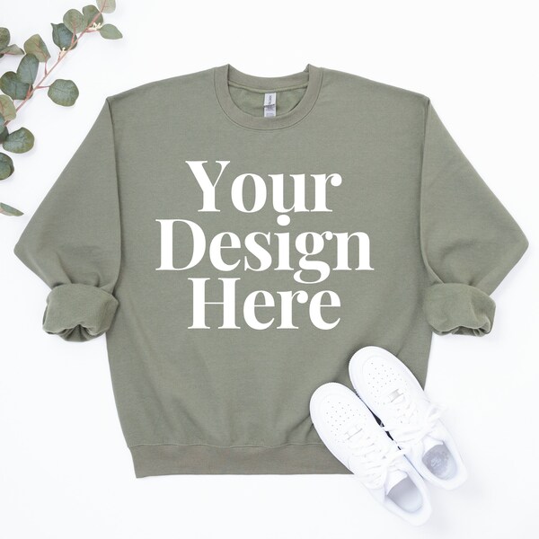 Military Green Gildan 18000 Sweatshirt Mockup, Gildan 18000 Military Green Sweatshirt Mockups, Military Green 18000 Sweater, Simple Mockup