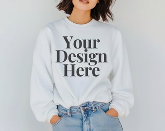 White Gildan 18000 Sweatshirt Mockup Gildan 18000 Model White Sweatshirt Mockups White 18000 Sweater Mock ups Neutral Mockups Cute Oversized