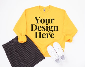 Gildan 18000 Gold Mockup Model Mockups Sweatshirt Gold Sweatshirt Mock Up Tshirt Gildan 18000 Mockup Gold Gildan 18000 Mockup Bundle