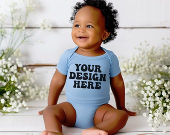 Light Blue Rabbit Skins 4400 Baby Bodysuit Mockup Cute Baby Body Suit Mock Up Trendy Mockups For Toddlers Blue Baby Bodysuit Mocks Babys