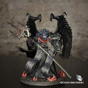 May include: A detailed figurine of a winged demon with a trident. The figure is predominantly black with intricate detailing in purple, red, and gold. The demon has horns, a red scarf, and a long robe. The base features flames and the text "@GEEKYBRUSHERS".
