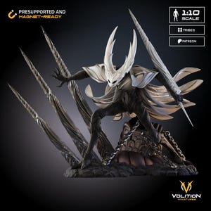 May include: A detailed figurine of a character in a dynamic pose, featuring a white mask and flowing cape. The figure is predominantly black and white, with intricate detailing and a sword. The base is dark, and the image includes text: "PRESUPPORTED AND MAGNET-READY."