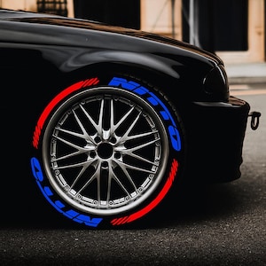Permanent Nitto Tire Lettering Stickers: Red Stripe, 1&quot; Height, 14-22&quot; Wheels, 16-Piece Kit