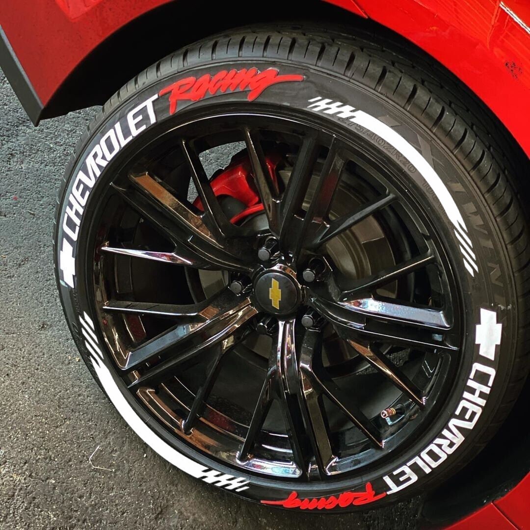 Permanent Chevrolet Racing Tire Lettering Stickers  White stripe 1.25" Letters for 14" to 22" 16 pcs Kit Car Wheel Decals