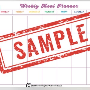 May include: A weekly meal planner with a red "SAMPLE" stamp over the grid. The planner has columns for each day of the week and rows for AM, MIDDAY, PM, and SNACKS.