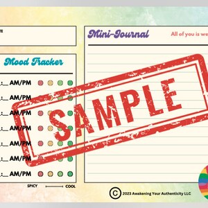 May include: A printable mood tracker with a rainbow background and a red "SAMPLE" stamp over it. The tracker has a section for AM/PM and a scale from "Spicy" to "Cool". The text "Mini-Journal" is at the top of the page. The text "All of you is welcome here." is at the top right corner of the page. The text "Here Queer" is at the bottom right corner of the page.