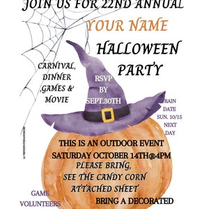 May include: An invitation to a 22nd annual Halloween party. The invitation features a watercolor illustration of a pumpkin wearing a witch's hat. The party is on Saturday, October 14th at 4pm. RSVP by September 30th.