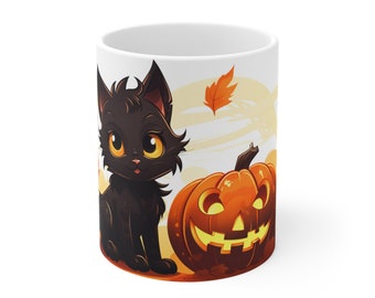 Halloween Black Kitten Ceramic Mug 11oz, Cute cat Mug, Halloween Gift, Kitten Owner Gift, Gifts for Mom, Gifts for Teacher