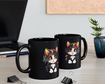 Adorable Black and White Cat against black mug, 11-ounze ceramic mug, Funny Mugs, Kitty Mugs, Sweet Pet Mugs, small cat Gifts