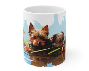 Watercolor Yorkshire with Her Puppies beside a Pond Mug 11oz, Cute Dog Mug, Dog Gift, Dog Owner Gift, Sweet Dog Coffee Mug, Gift For Mom