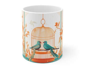 Beautiful Loving Birds together in a Bird Cage Ceramic Mug 11oz, Bird mug, bird lover gift, bird tea cup, gift idea, bird watcher gift idea