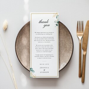 Plantilla de plato de boda con tarjetas de agradecimiento de eucalipto / Carta de agradecimiento para la mesa de boda minimalista / Nota de agradecimiento para recepción con vegetación / J1