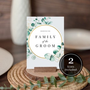 Eucalyptus Wedding Reserved Sign Template | Reserved for Family | Brides Family | Greenery Wedding Table Sign | Reserved Seating Sign | J1