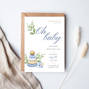 Boy Baby Shower Invite | Soother Leaf Baby Toy | Minimalist Invite | Modern Invitation | Editable Invitation | Printable