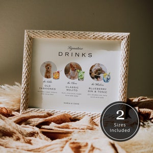 Hochzeit Bar Menü mit Tieren | Signature Drinks Schild mit Hunde Vorlage | Modernes Cocktail-Schild mit 3 Haustierfotos | Digitaler Download | M2