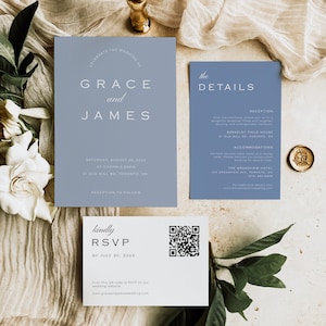 Dusty Blue Invitations QR Code RSVP | Wedding Invitation Suite Light Blue | French Blue Wedding Invite Set | Editable Template Bundle | M2