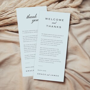 Plantilla de plato de boda con tarjetas de agradecimiento en color azul claro / Carta de agradecimiento para la mesa de boda minimalista / Nota de agradecimiento para la recepción de la cena / M2