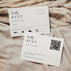 RSVP-kaart met voedselkeuzes | RSVP-pictogrammen voor maaltijdkeuze | Afdrukbare sjabloon RSVP-kaart | Minimalistische bruiloftskaart met menukeuze | J4