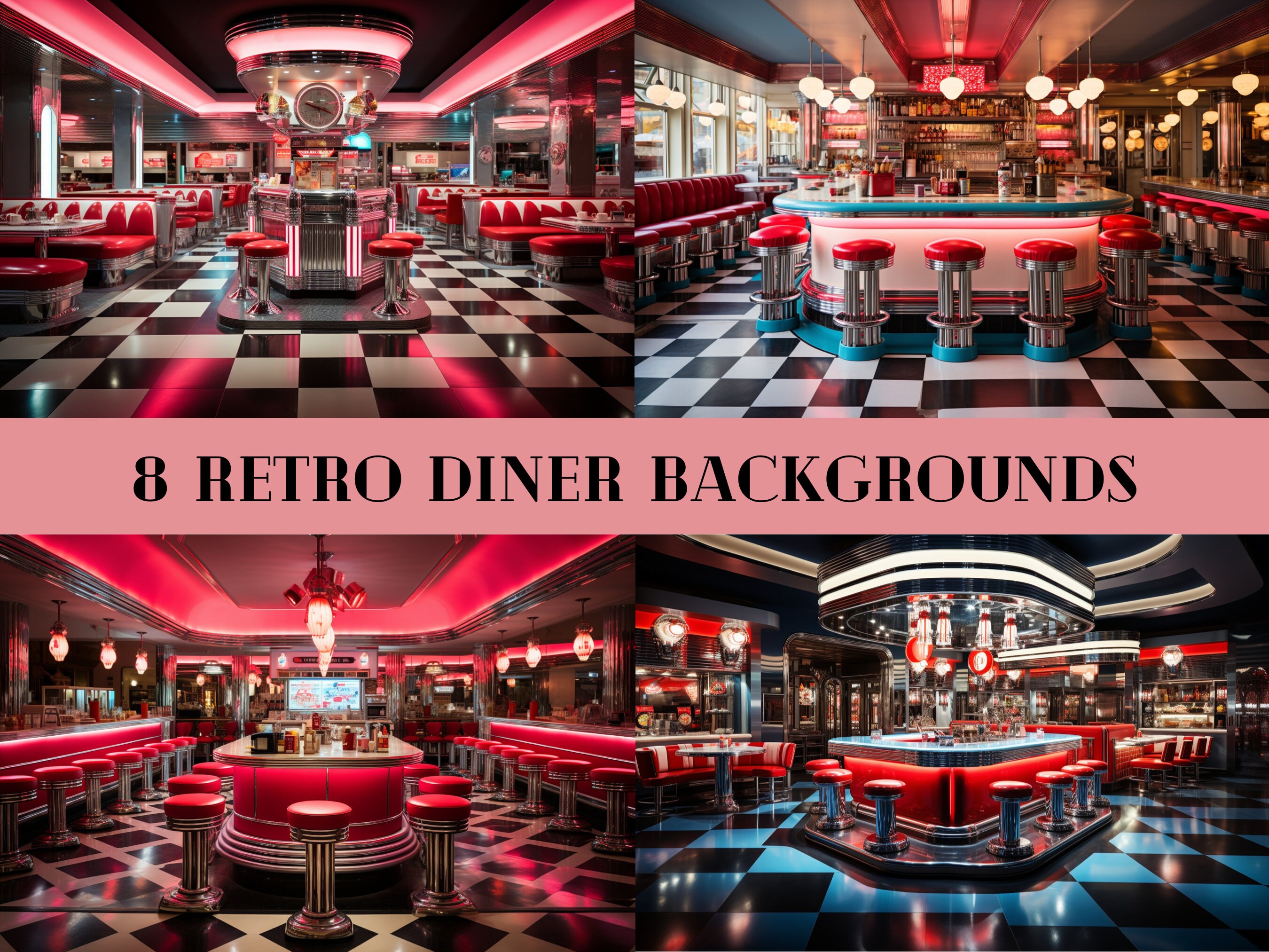 Retro Diner Digital Backdrop, Retro Theme Backdrop, Diner Theme