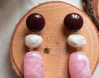 Dany style drop earrings Rose Bordeaux beige ecru resin beads lesbijouxdePrune Sézane style