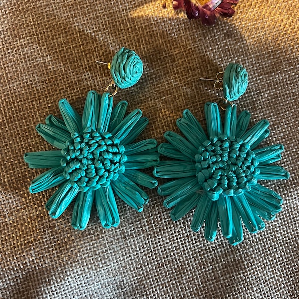 Boucles d’oreilles style Aélie aelie en raphia fleurs Raphael Sézane bleu turquoise aqua Lesbijouxdeprune neuves