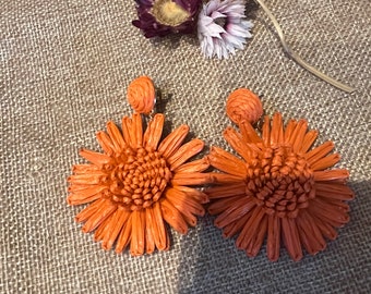 Boucles d’oreilles  style Aélie AELIE en raphia fleurs Sézane orange corail Lesbijouxdeprune neuves