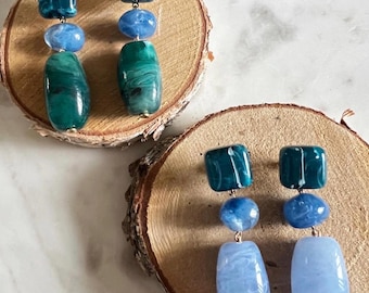 Dany-style sky blue drop earrings with resin beads. Prune's Jewelry