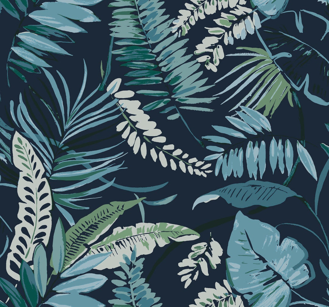 Tropical Toss Blue Botanical Wallpaper - Etsy