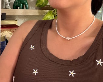 Dainty Freshwater Pearl Choker with Baroque Pearl Pendant Cross