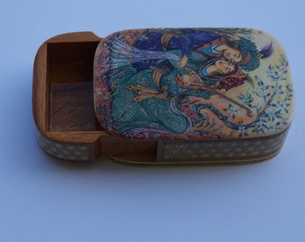 Caja de joyería Khatam persa en miniatura hecha a mano y pintada a mano