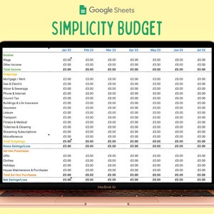 May include: A screenshot of a Google Sheets spreadsheet on a laptop screen. The spreadsheet is titled "Simplicity Budget" and shows a monthly budget for various categories, including income, expenses, and savings. The spreadsheet is organized by month, with columns for January, February, March, April, May, June, and July.